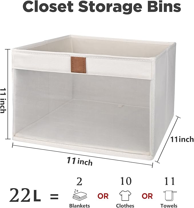 Linen Closet Organizers and Storage, Closet Storage Bins Basket Organizer, Foldable Organization Baskets with Mesh Window for Clothes Towels and Toys, 11" x 11" x 11", Beige, 4 pack