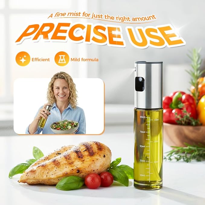 Oil Sprayer for Cooking,Olive Oil Sprayer,3.38 Oz/100ml,Press Oil Spray Pot with Scales,304 Stainless Steel Glass Oil Spray Bottle for Salad, Baking, BBQ, Air Fryer Accessories (1 Bottle with tools)
