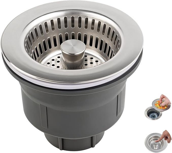 Hibbent Upgraded 3 in 1 Kitchen Sink Drain Strainer and Stopper Combo Assembly Kit, Stainless Steel Larger Anti-Clogging Basket