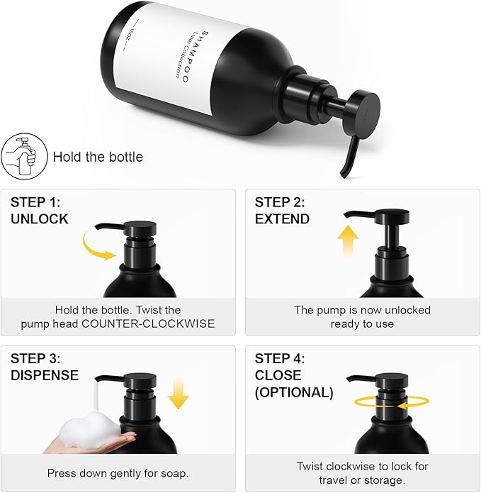 Refillable Shampoo and Conditioner Dispenser Set of 3 - Wall Mounted No Drill Pump with Bottles, 3 Chamber for Shower Soap and Body Wash Dispenser with Labels, Matte Black Bottle for Bathroom (16oz)