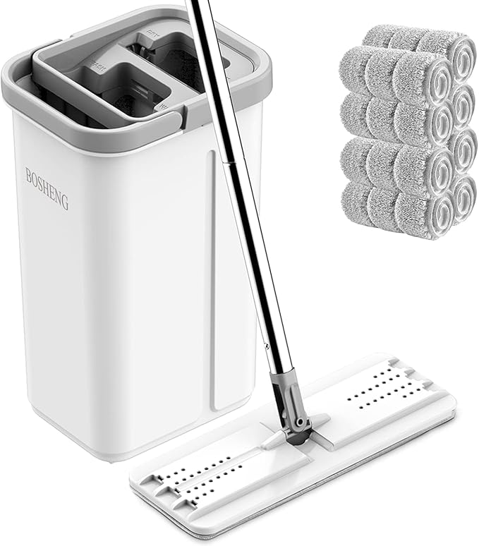 BOSHENG Mop and Bucket with Wringer Set, Hands Free Flat Floor Mop and Bucket, 8 Washable Microfiber Pads Included, Wet and Dry Use, Home Floor Cleaning System for All Floor Types and Windows