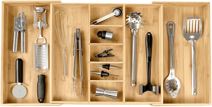 KitchenEdge Adjustable Kitchen Drawer Organizer for Utensils and Junk, Food-Safe Contract Grade with 100% Sustainable Wood