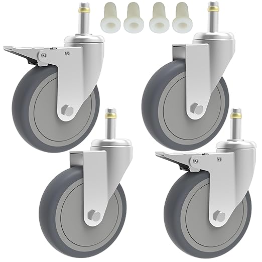 RILIDRI 5-Inch Swivel Stem Caster, 7/16-Inch Stem Diameter Rubber Wheel, Heavy Duty TPR Thermoplastic Rubber Replacement Wheels, 225-lb per Wheel- 4 Pack(2 Brakes 2 Swivel)