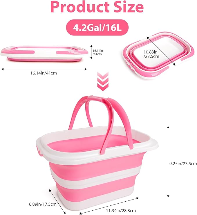 Collapsible Mop Bucket 4.2 Gallon(16L), Space-Saving Foldable Cleaning Bucket with Handle & Hanging Hole for Home, Swimming Pool, Camping, Car Wash & Outdoor (Pink White)