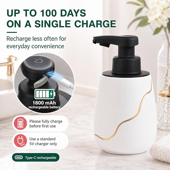 BosilunLife Automatic Soap Dispenser Bathroom - Liquid Hand Free Dispenser Smart Electric Lotion Soap Dispenser Touchless with Waterproof Pump Rechargeable Dish Soap Dispenser Ceramic White, 17oz