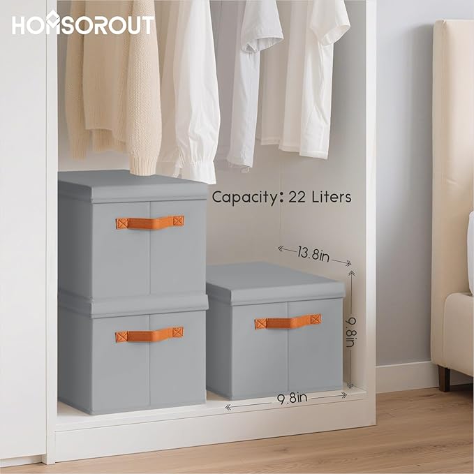 Storage Bins with Lids, Fabric Storage Baskets for Shelves, Grey