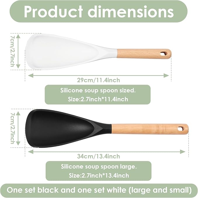 4Pcs Silicone Spatula Set with Wooden Handle, Black White Cooking Spoon Spatula Multipurpose Kitchen Utensils for Mixing, Scraping, Serving, Heat Resistant, Non-Stick Safe, 2 Large 2 Small