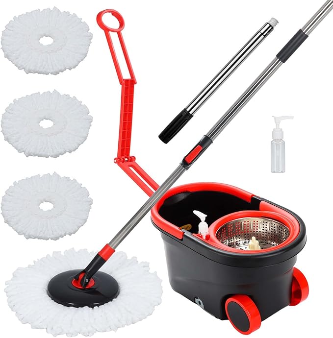 Spin Mop Bucket with Wringer Set, 360° Mop Bucket Floor Cleaning System with 3 Microfiber Replacement Mop Head Refills, 61" Adjustable Stainless Steel Handle, 2X Wheel for Home Cleaning