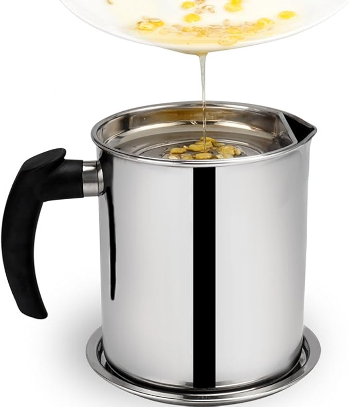 LI-GELISI Oil Storage Grease Keeper, Grease Strainer Pot Grease Container with Mesh Strainer (1.7 L)