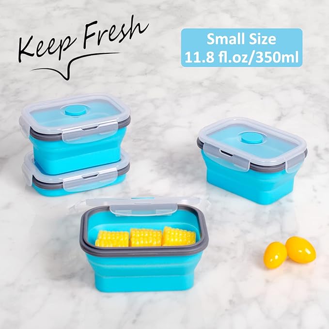 Collapsible Food Storage Containers with Lids & Vent, 11.8 oz, Kitchen Stacking Silicone Collapsible Meal Prep Container Set for Leftover