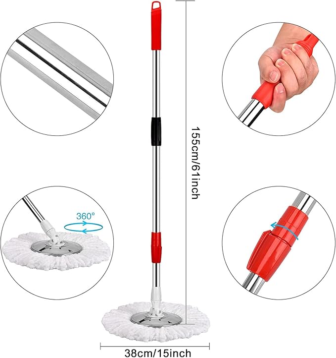 Mop and Bucket Set, 360° Spin Mop and Bucket with Wringer Set and 6 Microfiber Mop Refills, Stainless Steel 61" Extended Handle Spinning Mop Bucket System for Floor Cleaning (2 Sets)