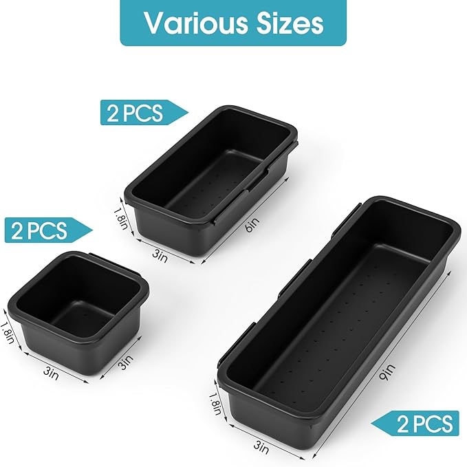 6 PCS Drawer Organizer Set, 3 Size Makeup Drawer Divider Organizer With Non-Slip Pads, Interlocking Plastic Storage Bins for Office,Jewelry Vanity,Gadgets, Bathroom,Kitchen, Black