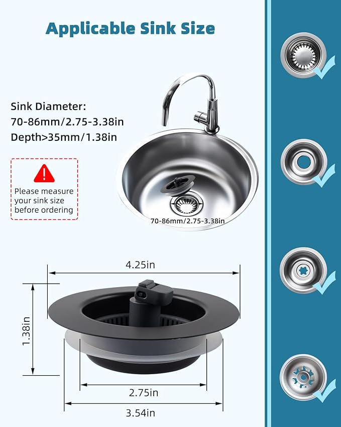 Universal 3 in 1 Kitchen Sink Drain Strainer Stopper Combo, Black Stainless Steel Shell Pop Up Sink Stopper for US Standard 3-1/2 inch Drain Filter