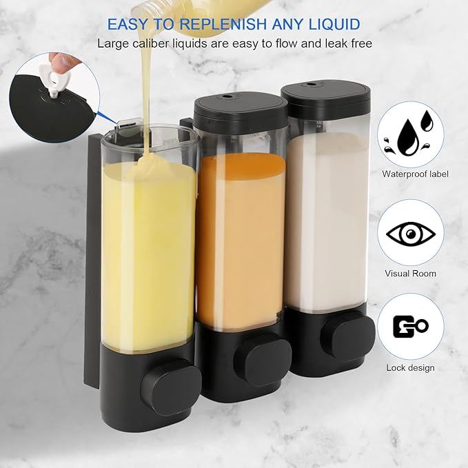 Shower Soap Dispenser Wall Mounted Shampoo and Conditioner Dispenser No Drill 3 Chamber Large Capacity for Bathroom Hotel, Black