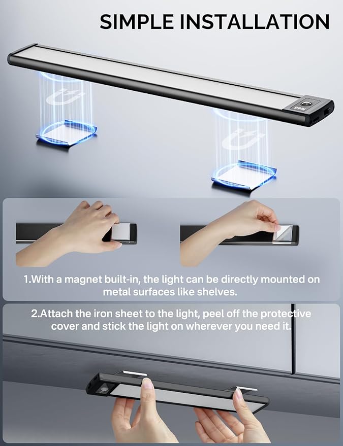 Under Cabinet Lighting with LED Numeric Display,3 Color Temps&Dimmable Lights, Under Counter Lights for Kitchen,Wireless Motion Sensor Light Indoor, Stick-On Magnetic Closet Light(Black-2 Pack)
