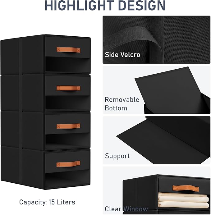 DIMJ Closet Organizers and Storage - Fabric Bins with Drawers for Closet Foldable Clothes Organizers with Clear Window, Stackable Storage Drawers Units for Bedroom, Living Room, Medium 6-Pack, Black