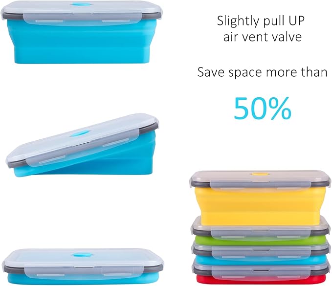 Collapsible Food Storage Containers with Airtight Lid, 40.5 oz, Large Kitchen Stacking Silicone Collapsible Meal Prep Container Set for Leftover