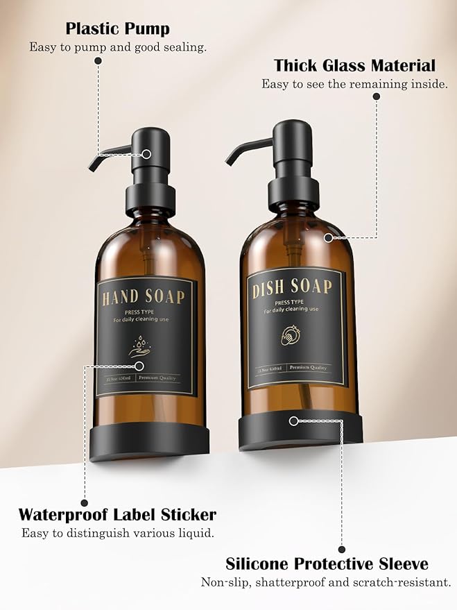 Luxspire Soap Dispenser Set, Hand Soap Dispensers with Fast Drying Tray, 17 oz Glass Refillable Liquid Bottle for Bathroom & Kitchen, Kitchen, 2 Pack, Brown + Dark Gray