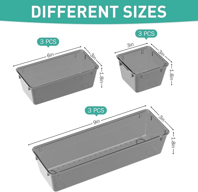 9 Pack Clear Drawer Organizer Set, Acrylic Drawer Storage Trays, Black