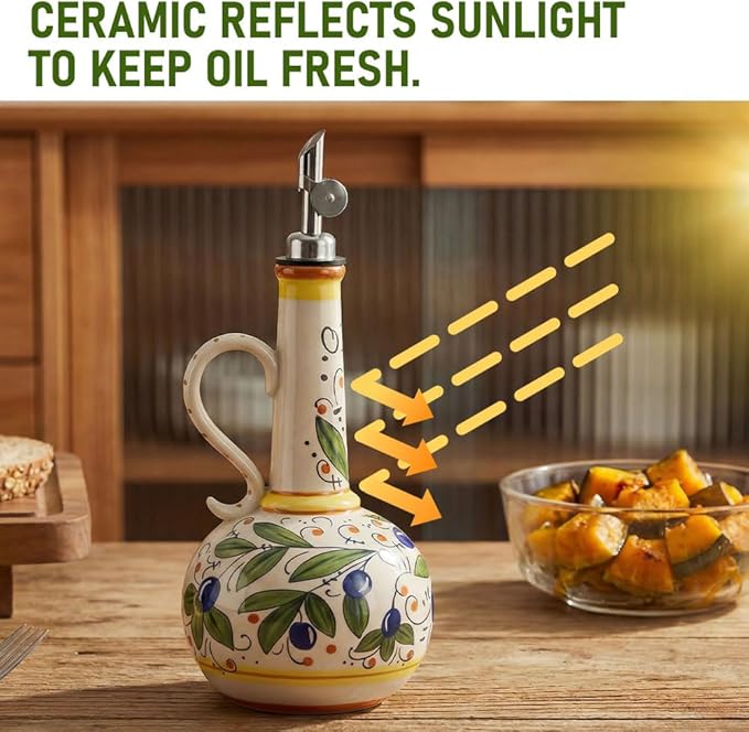 18 oz Ceramic Olive Oil Dispenser Bottle - Hand-Painted Italian Kitchen Decor Oil Cruet with 2 Spouts, Silicone Funnel, Cleaning Brush & Writable Labels - Ceramic Olive Oil Decanter for Kitchen