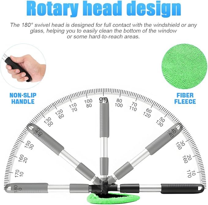 Windshield Cleaning Tool, Car Window Cleaner with Extendable Long Handle and 4 Washable Reusable Microfiber Pads