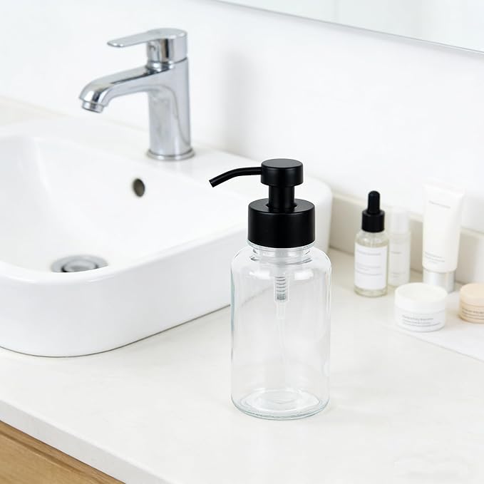 15 oz Amber-Tinted Thick Glass Foaming Soap Dispenser, Refillable Foaming Soap Dispenser with Black Rust-Proof Foam Pump, Suitable for Bathrooms and Kitchens (2, Clear)