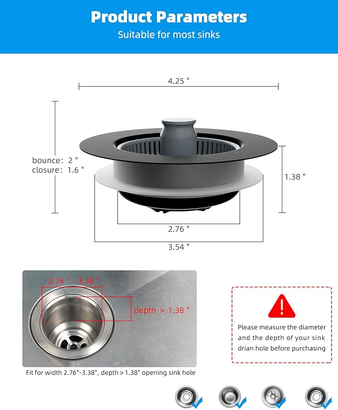 Hibbent 2 Pack 3 in 1 Kitchen Sink Drain Strainer and Stopper Combo, Stainless Steel Metal Pop Up Sink Stopper, Anti-Clogging Basket Strainer with Handle for US Standard 3-1/2 Inch Drain, Black
