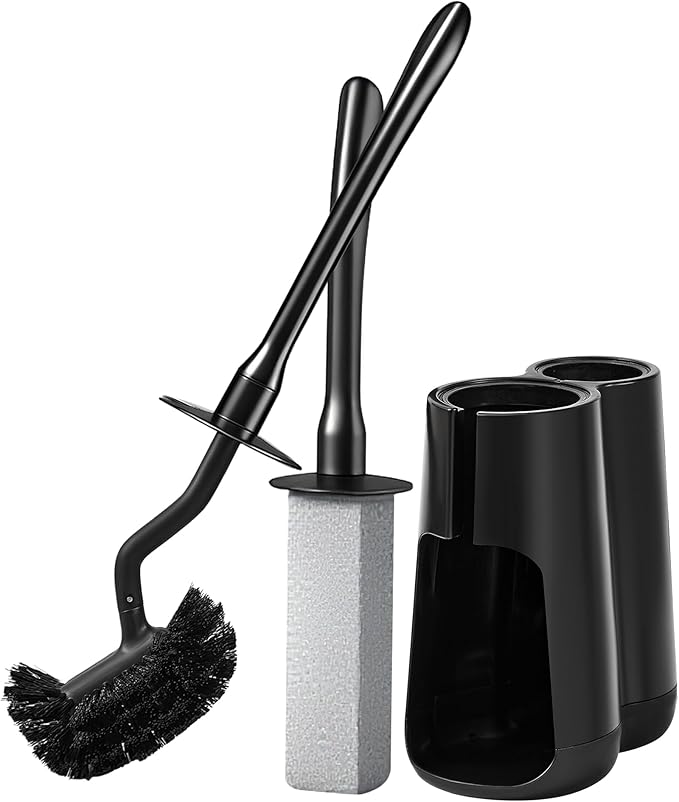 Toilet Brush and Holder Set with Pumice Stone – Long Handle Toilet Bowl Brush, Anti-Splash Scrubber, Ventilated Drip-Free Base, Deep Cleaner for Hard Water Stains, Limescale, Toilet Rings