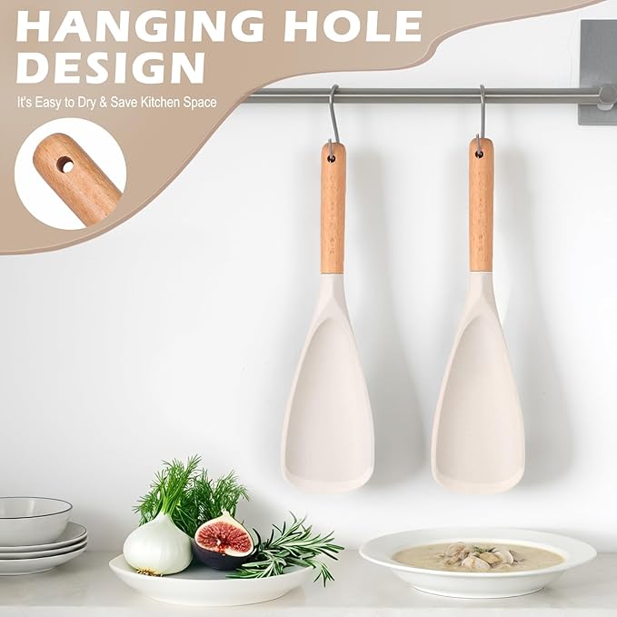 Cooking Spoon Set for Non-Stick Cookware - Wooden Handle & Multifunction Cooking Spoon Spatula, Heat-Resistant Kitchen Utensils for Stirring, Mixing, Serving (1, WHITE)