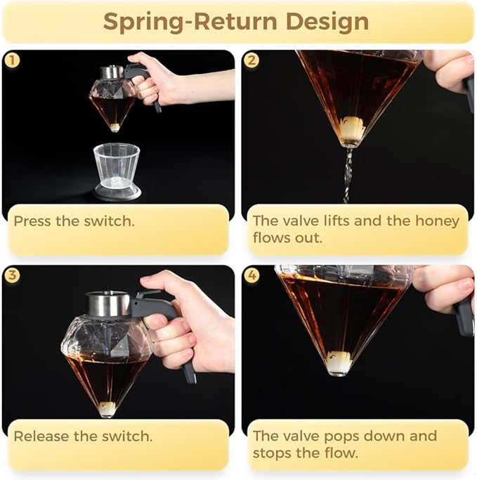 200ml Honey Dispenser with Stand, Premium No Drip Design Syrup Dispenser, Elegant Diamond Shape with Stainless Steel Top Glass Honey Dispenser, for Maple Syrup, Cooking Oil, Seasonings