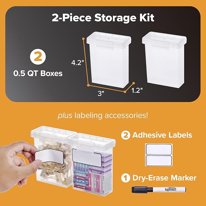 Bostitch Konnect Storage Containers with Lids, Office Organizer, Clear Plastic Box, Stackable for Crayons, Q-tips, Office Supplies, Labels, 0.5 Qt