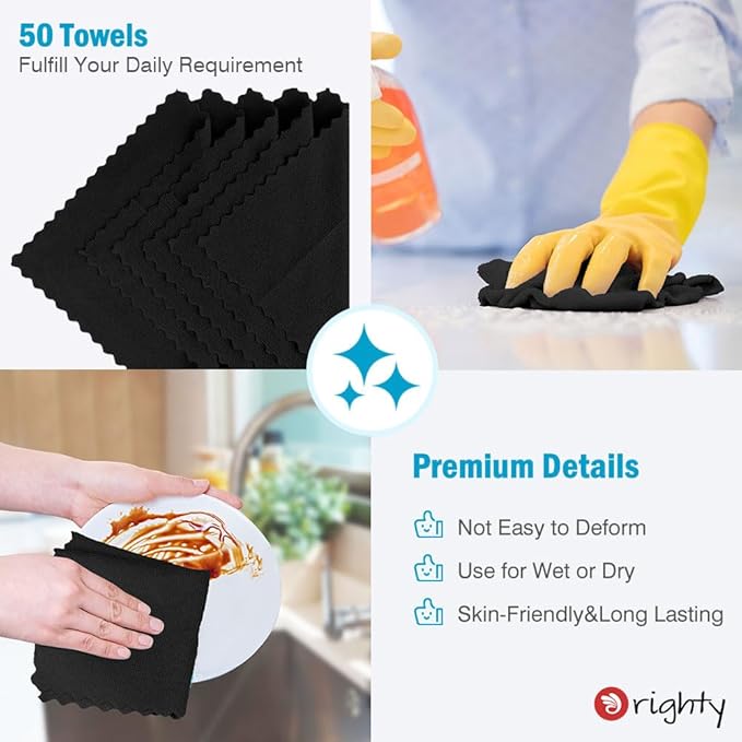 Orighty Black Microfiber Cleaning Cloth, 50 Pack Highly Absorbent Cleaning Supplies, Lint Free Kitchen Towels Cleaning Rags, Microfiber Towels for Cars, House, Window, 12x12 inch