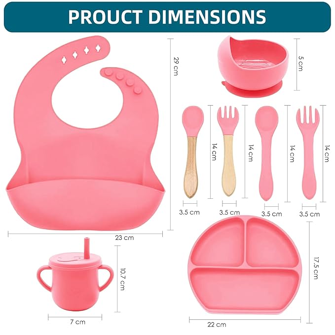 100% Silicone baby feeding set,BPA free Baby dishes set with Suction Bowl Divided Plate,Toddler Self Feeding Dish Set with Spoons Forks Sippy Cup And Bib, Baby Eating Utensils (Hot Pink)