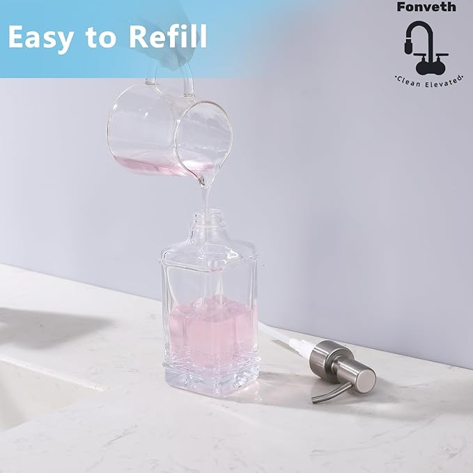 Clear Glass Soap Dispenser with Brushed Nickel Pump, 10 OZ Rectangle Glass Bottle with Stainless Steel Pump Refillable Liquid Hand Soap Dispenser Square Slim for Bathroom Kitchen