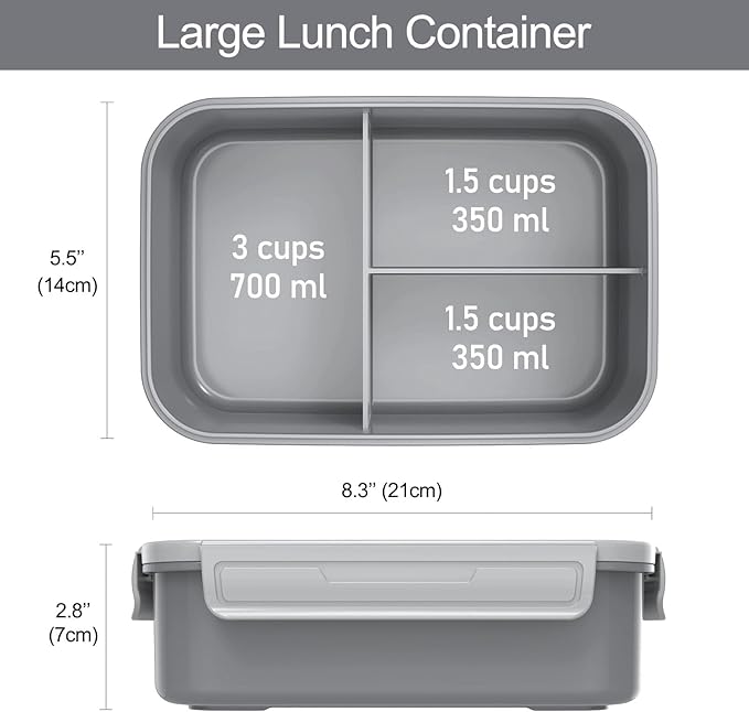 Caperci Classic Bento Box Adult Lunch Box for Older Kids - Leakpoof 47 oz 3-Compartment Lunch Containers for Adults and Teens, Built-in Utensil Set