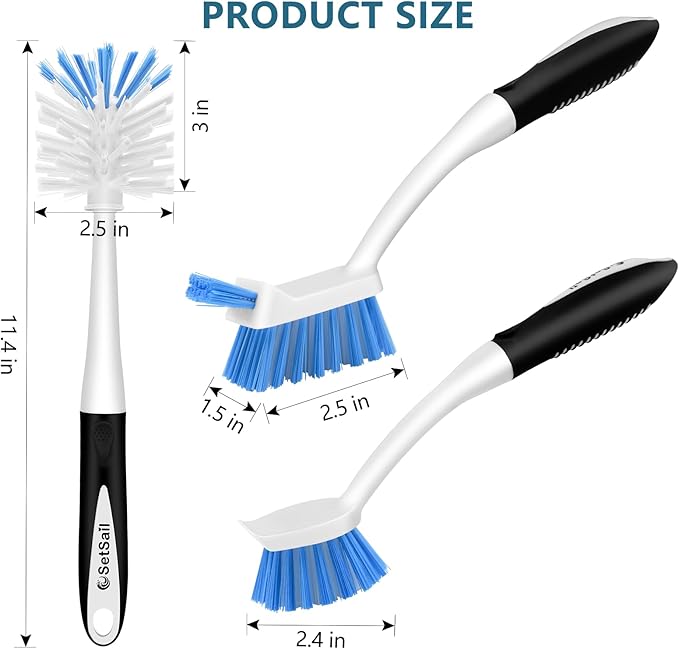 SetSail Dish Brush Set of 3 with Bottle Brush, Dish Scrub Brush with Long Handle Deep Cleaning Handle Brush with Scraper Tip for Kitchen Sink Dishes Bottle Cup Pot and Pans Tile Lines, Black Blue