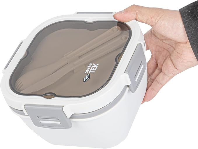 Restaurantware-Bento Tek 57.5 Ounce Bento Box, 1 Reusable Lunch Container - With Fork And Knife, Does Not Contain BPA, White And Gray Plastic Reusable Lunch Box, Microwavable, Dishwashable