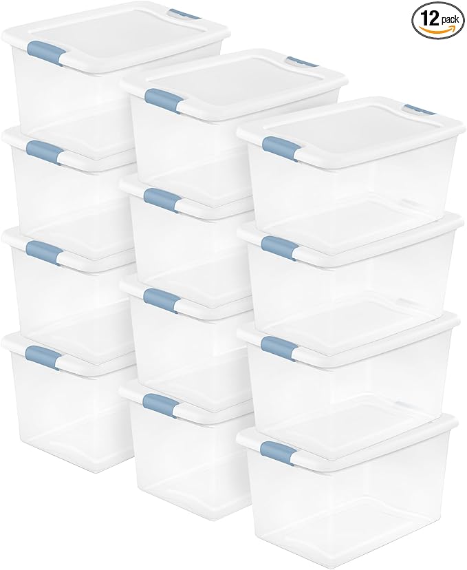 Sterilite 12-Pack Latching Box, Clear Plastic Organizer Bins with White Lids, 64 Quart – Large Stackable Containers for Closet, Bedroom, Garage, Kitchen, and Pantry Organization