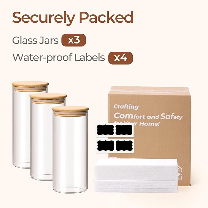 ComSaf 1.7 Qt Glass Storage Containers with Lids, Glass Jars with Lids, Clear Food Storage Jar, Round Canister Set of 3