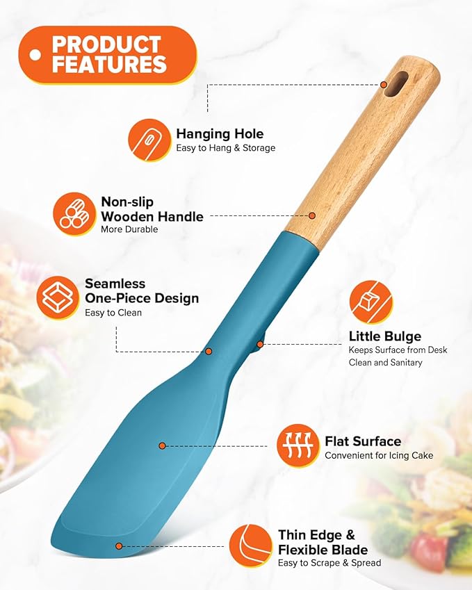 Silicone Everyday Spatula, Great For Stirring, Mixing And Scraping, Sturdy Bpa-Free Matte Silicone, Wooden Handle Rubber Scraper For Nonstick Cookwares (TURQ)