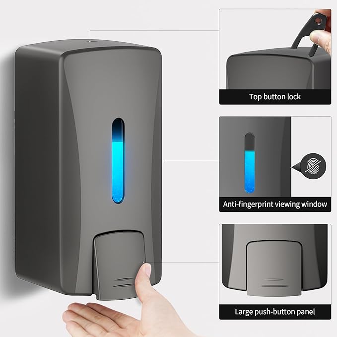 Hand Soap Dispenser 33.8oz Wall Mount, Commercial Grade No Drip Gray Soap Dispenser for Kitchen, Bathroom,Liquid Soap,Hand Sanitizer, Drill or Adhesive Mount, with Visible Window