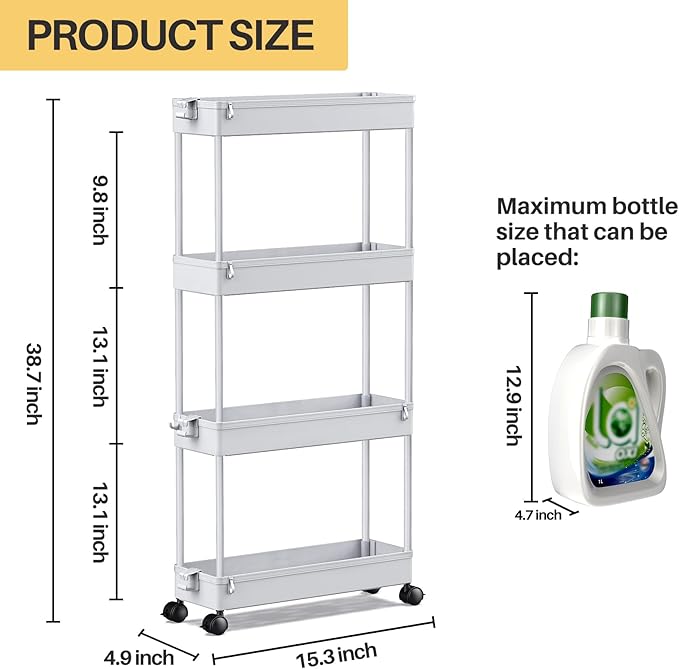 SPACEKEEPER Slim Rolling Storage Cart 4 Tier Bathroom Organizer Mobile Shelving Unit Storage Rolling Utility Cart Tower Rack for Kitchen Bathroom Laundry Narrow Places, Gray