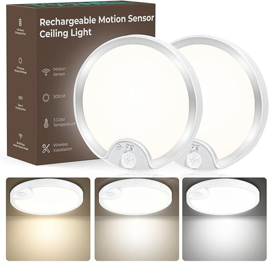 TOOWELL Rechargeable Motion Sensor Ceiling Light: Closet Lights Motion Sensored, Battery Operated Shower Light for Closet Shower Bathroom Pantry Porch 500LM, No Wired, 2 Pack