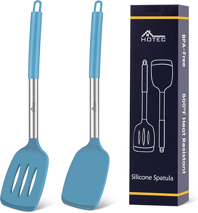 HOTEC Silicone Spatula Set of 2 Heat-Resistant 600°F & BPA-Free Kitchen SaptulaTurner with Stainless Steel Handles, Slotted & Solid Spatulas for Nonstick Cookware, 13.7 Inch, Blue