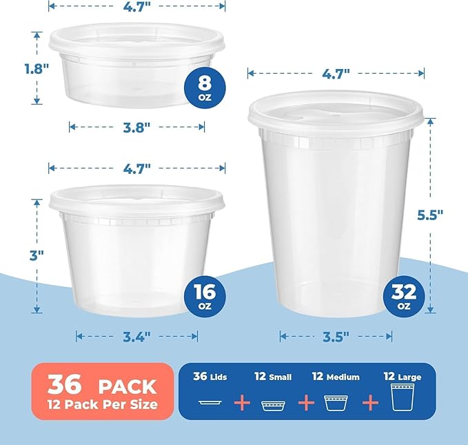 Fit Meal Prep 66 Pack 8 16 32 oz Deli Containers with Lids, US Made Leakproof Quart Containers with Lids, Clear Plastic Food Storage Container with Lid, Microwave Freezer Safe Meal Prep Container