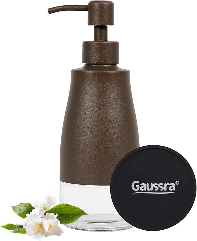 Gaussra Matte Brown Soap Dispenser with Coaster and Stickers, Stainless Steel and Glass Bottle Hand Pump Dispenser, Refillable Liquid Hand Soap Dispenser for Bathroom & Kitchen (11OZ / 320ML)