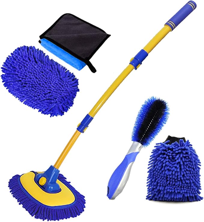 BMLEI Car Wash Brush With Long Handle, Chenille Microfiber Mop Mitt, 1 Replacement Head, Wheel Brush Extension Pole
