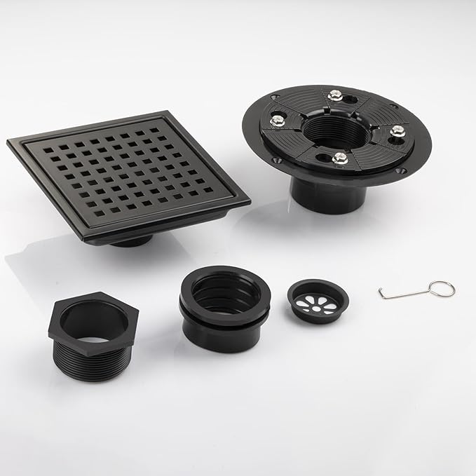 Square Shower Drain, Black Shower Drain 6 inch with Flange and Removeable Grate Cover