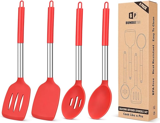 Pack of 4 Silicone Cooking Utensils Set, Non Stick Large Solid Spatulas, Heat Resistant Slotted Spoons, Ideal BPA Free Kitchen Turners for Frying, Mixing,Serving,Draining,Turning,Stirring (RED)