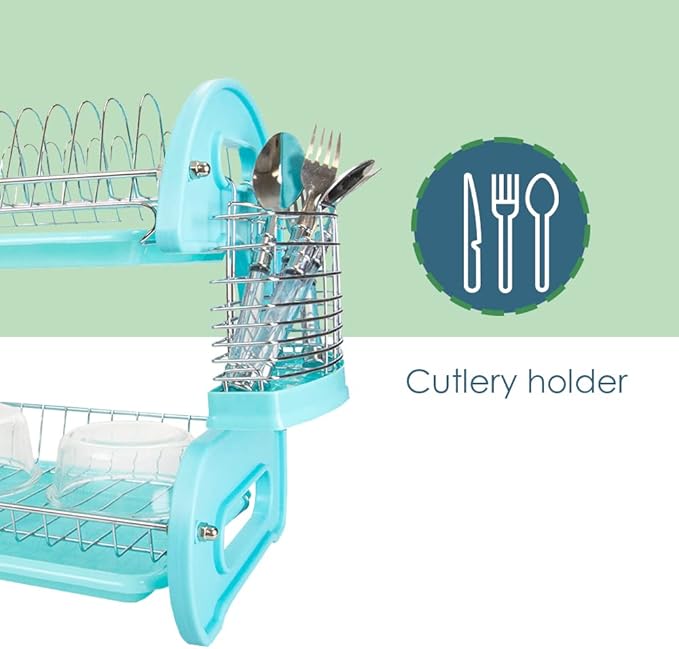 2 Tier Dish Drainer, by Home Basics (Turquoise) Dish Rack for Kitchen Counter, with Cutlery Holder and Cup Slots